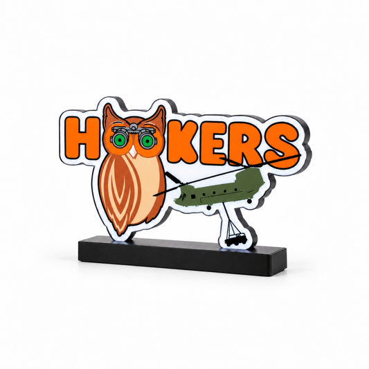 Chinook Hookers owl and RAF Chinook LED light box on a white studio background