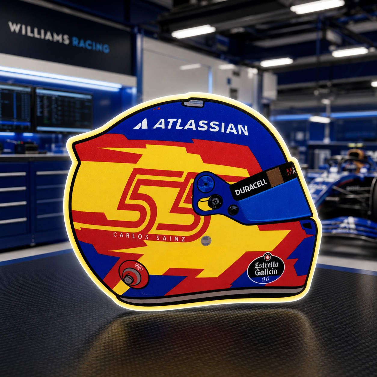 Carlos Sainz Williams F1 helmet LED light box illuminated in a racing garage setting