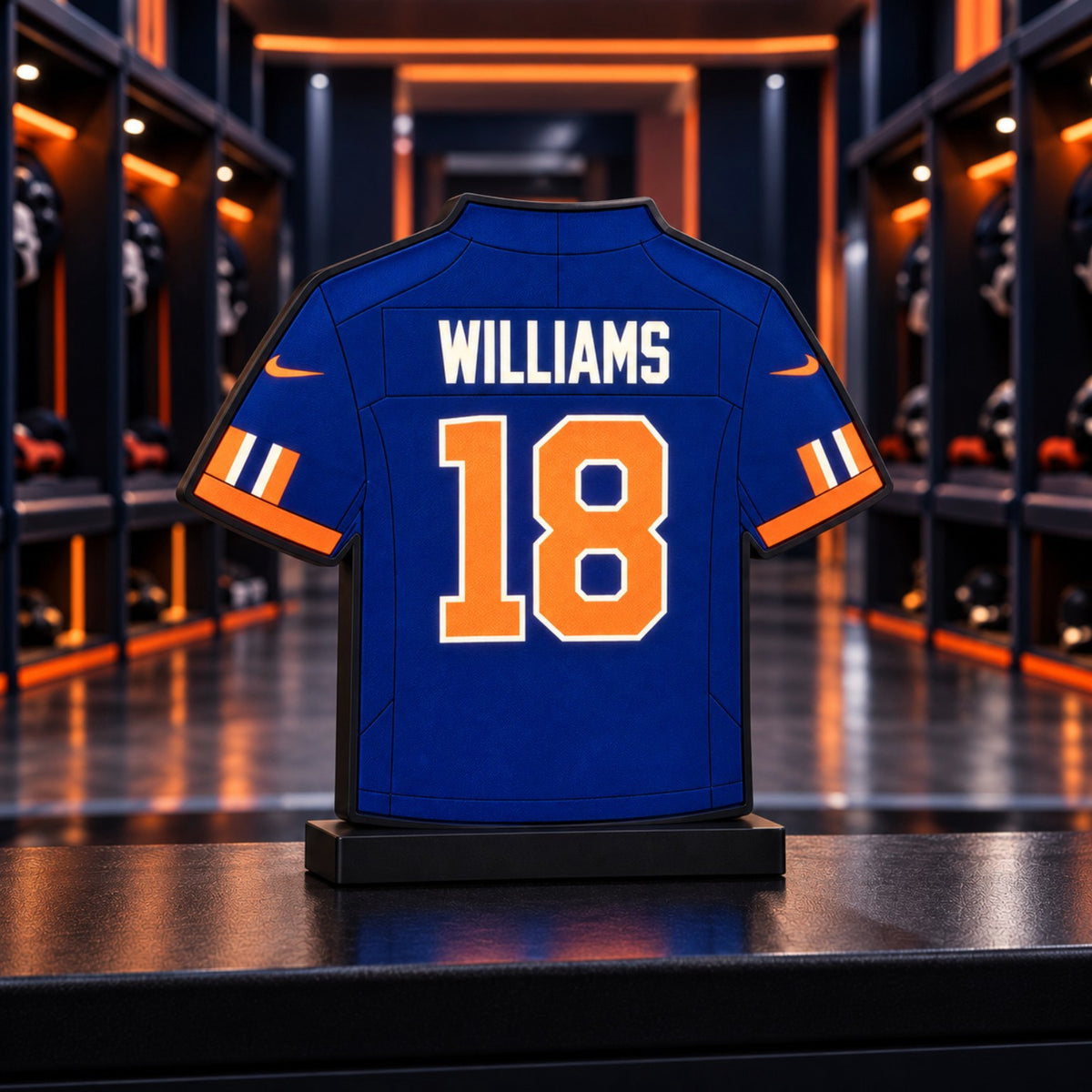 Chicago Williams number 18 American football shirt LED light box in a locker room