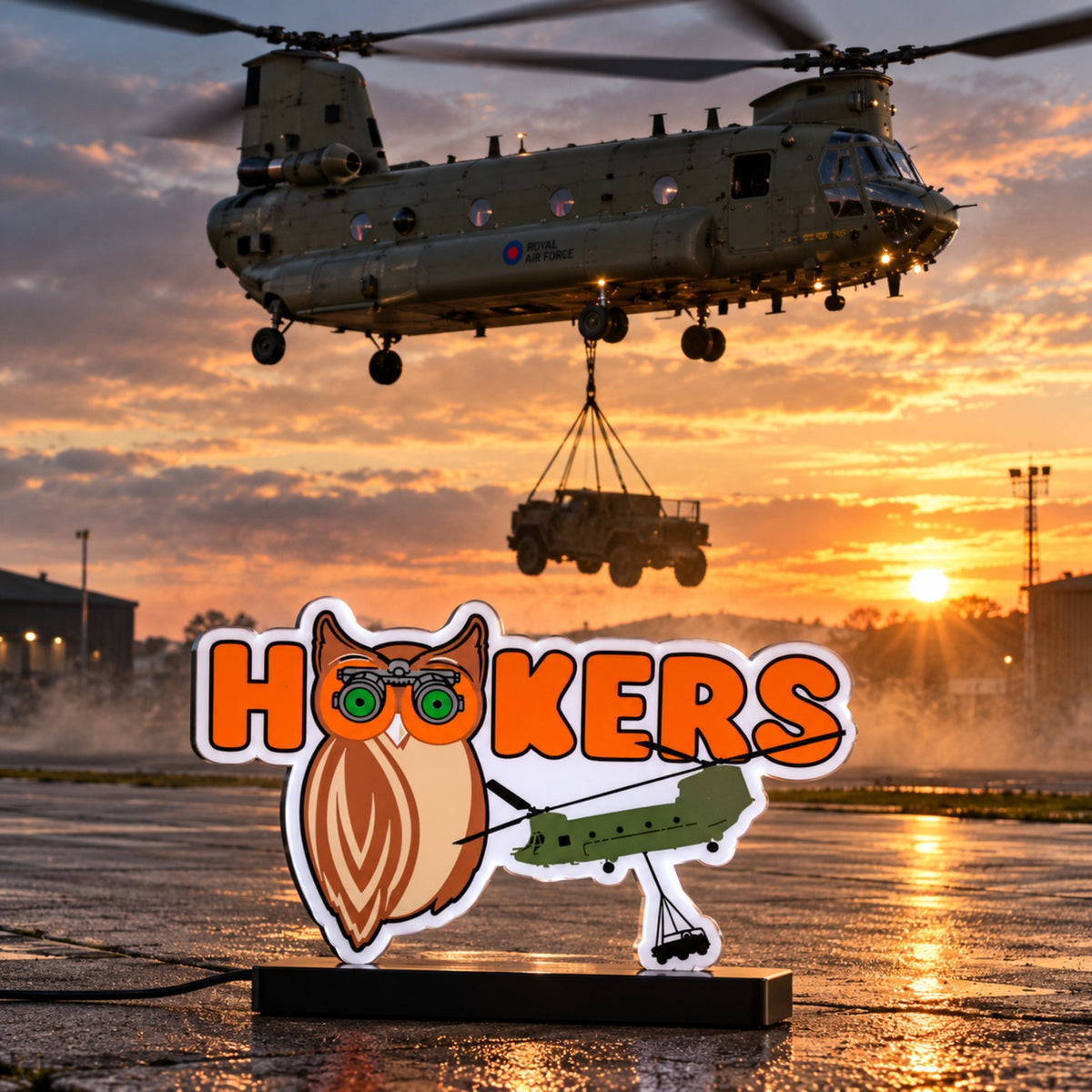 Chinook Hookers LED light box beneath an RAF Chinook carrying an underslung load at sunset