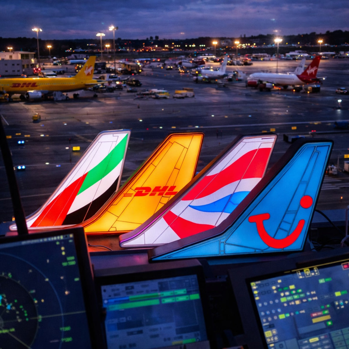 Illuminated airline tail lights displayed in an airport control tower
