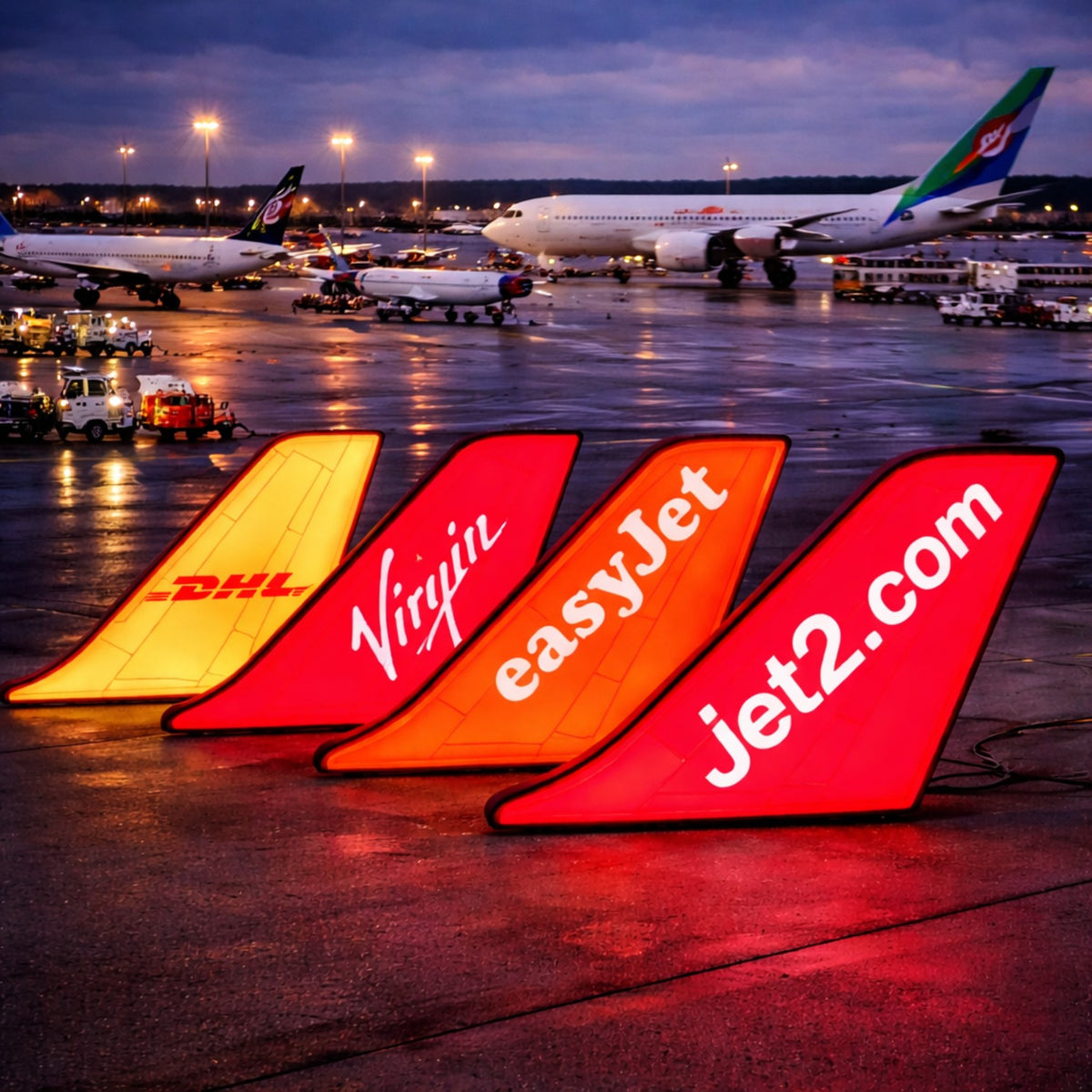 Illuminated airline tail light boxes beside aircraft on an airport apron