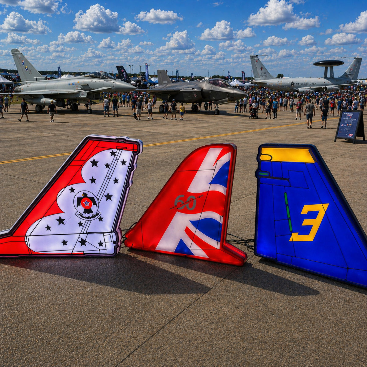 Illuminated military aircraft tail light boxes at an airshow