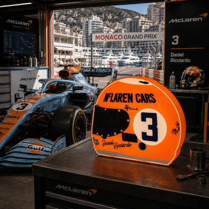 Daniel Ricciardo Monaco special helmet LED light box in a McLaren Monaco Grand Prix garage-style setting