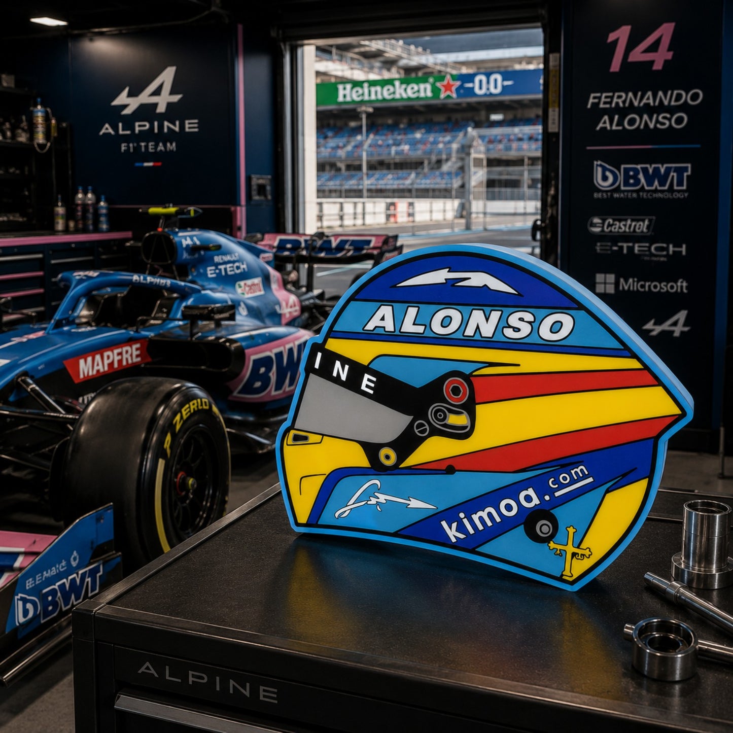 Fernando Alonso Alpine-era helmet LED light box in an Alpine Formula One garage-style setting