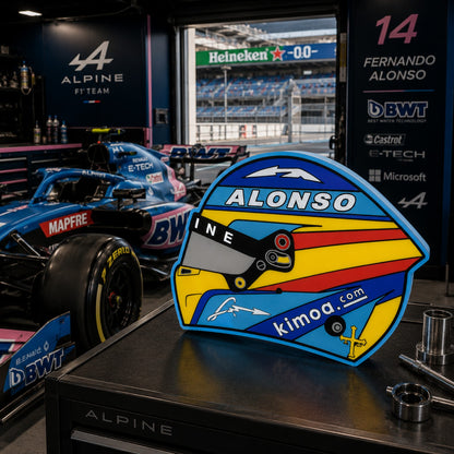 Fernando Alonso Alpine-era helmet LED light box in an Alpine Formula One garage-style setting