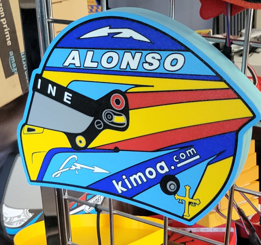 Fernando Alonso Alpine-era helmet LED light box – illuminated product view