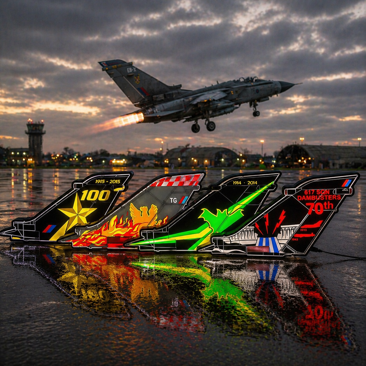 Military aircraft tail LED light boxes displayed beneath a jet aircraft
