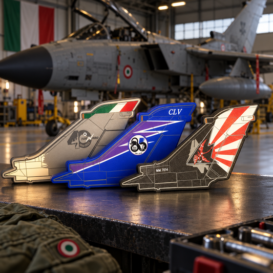 Three Italian Air Force Tornado tail LED light boxes displayed in an aircraft hangar
