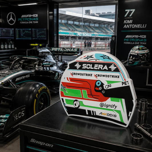 Kimi Antonelli Mercedes helmet LED light box in a Mercedes Formula One garage-style setting