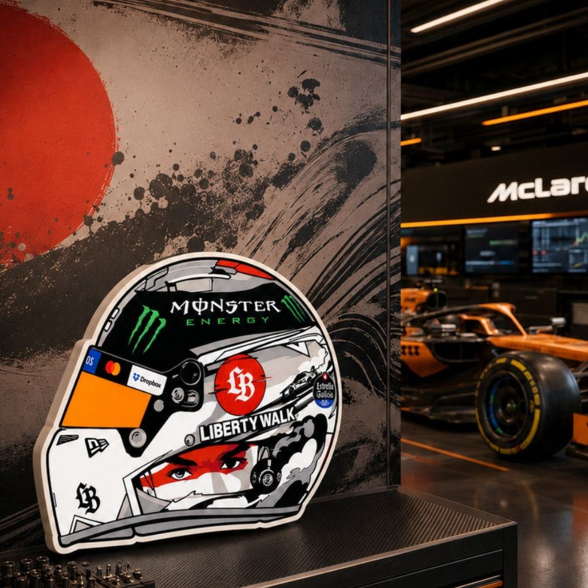 Lando Norris Liberty Walk Japan special helmet LED light box displayed in a McLaren-style racing garage
