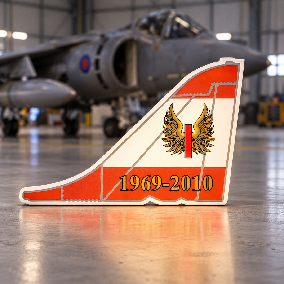 RAF 1 Squadron Harrier anniversary tail LED light box in a military aircraft hangar