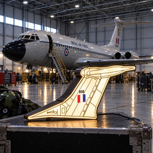 RAF 10 Squadron VC10 XR808 Bob LED tail light box displayed with a VC10 in an aircraft hangar