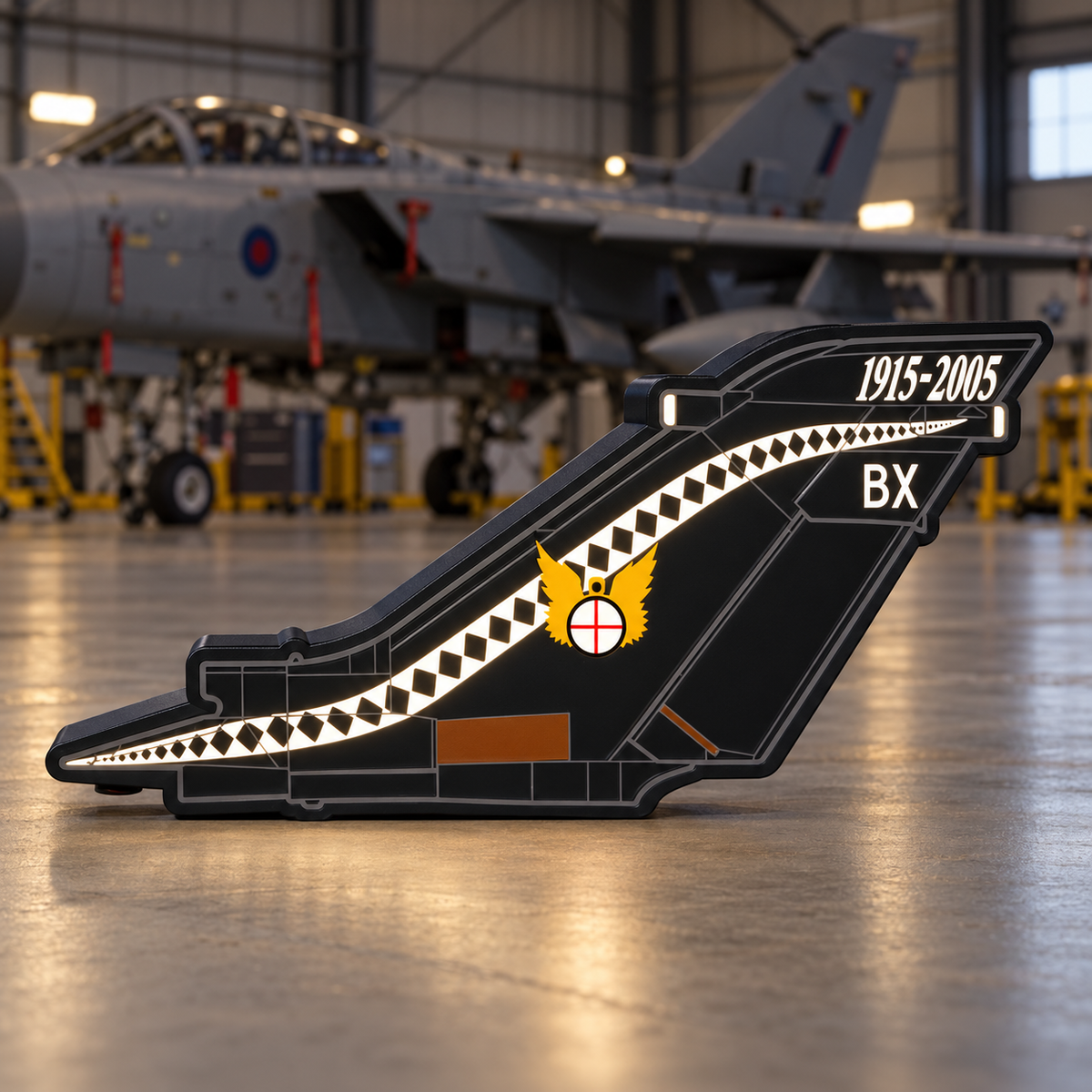 RAF 14 Squadron Tornado GR4 90th Anniversary tail LED light box in an aircraft hangar