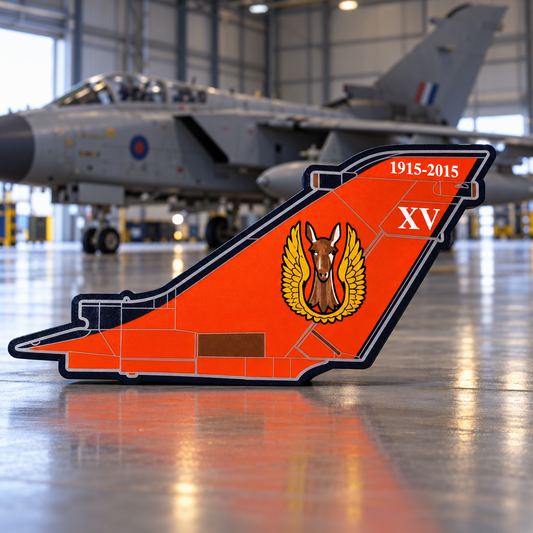 RAF 15 Squadron Tornado GR4 100th anniversary tail LED light box in a military aircraft hangar