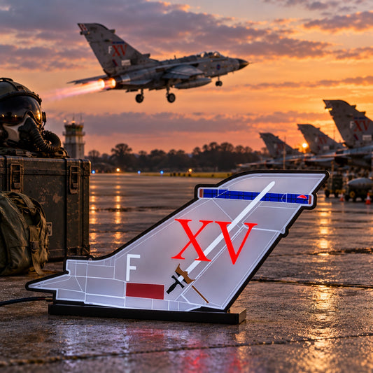 RAF 15 XV Squadron Tornado GR1 LED tail light box displayed on a military airfield at sunset