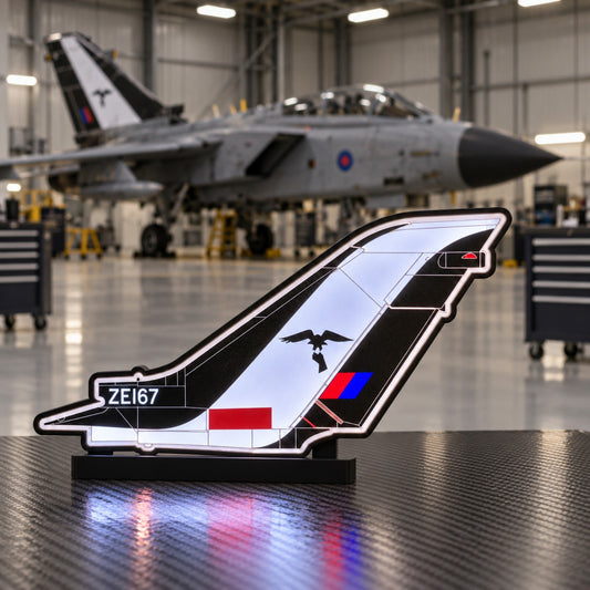 RAF 25 Squadron Tornado F3 ZE167 LED tail light box in an aircraft hangar