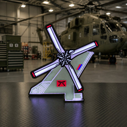 28 Squadron RAF Merlin helicopter LED light box illuminated in a military hangar