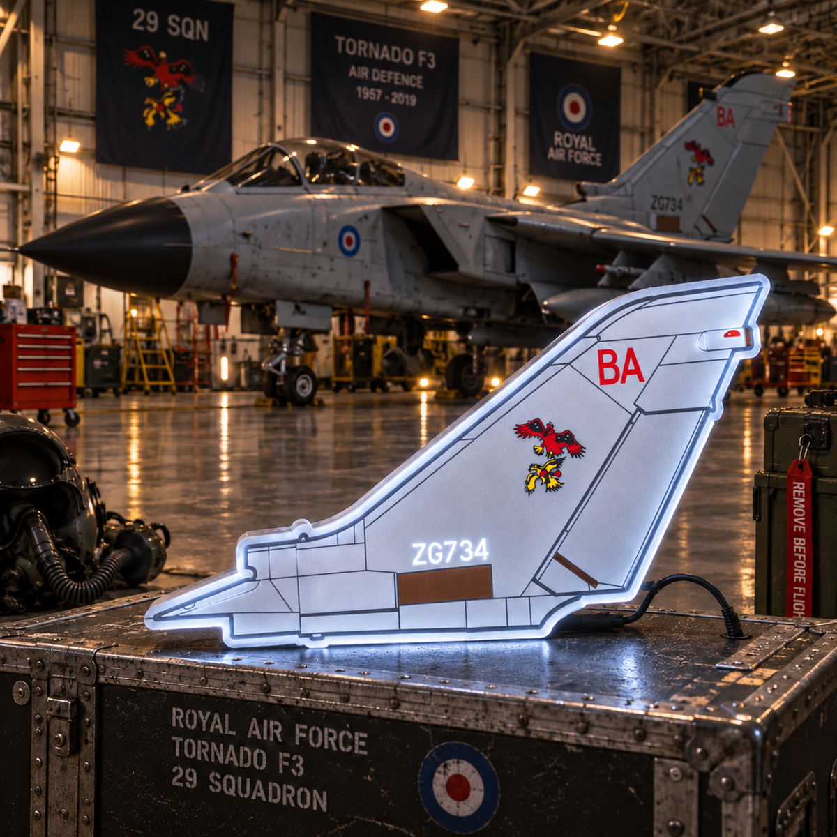 RAF 29 Squadron Tornado F3 BA ZG734 LED tail light box displayed in an aircraft hangar