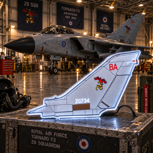 RAF 29 Squadron Tornado F3 BA ZG734 LED tail light box displayed in an aircraft hangar