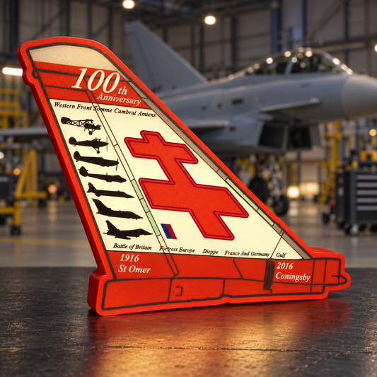 Illuminated RAF 41 Squadron Typhoon 100th Anniversary LED tail light displayed in an aircraft hangar