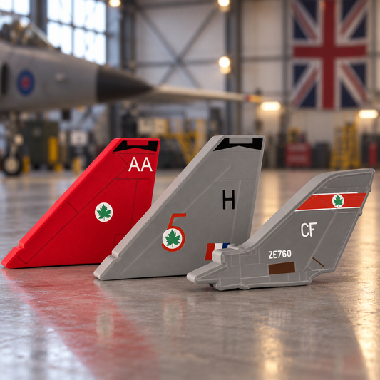 RAF 5 Squadron Tornado F3, grey Lightning and red Lightning LED tail light boxes in an aircraft hangar