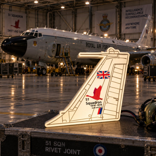 RAF 51 Squadron Rivet Joint 100th anniversary tail LED light displayed in an aircraft hangar