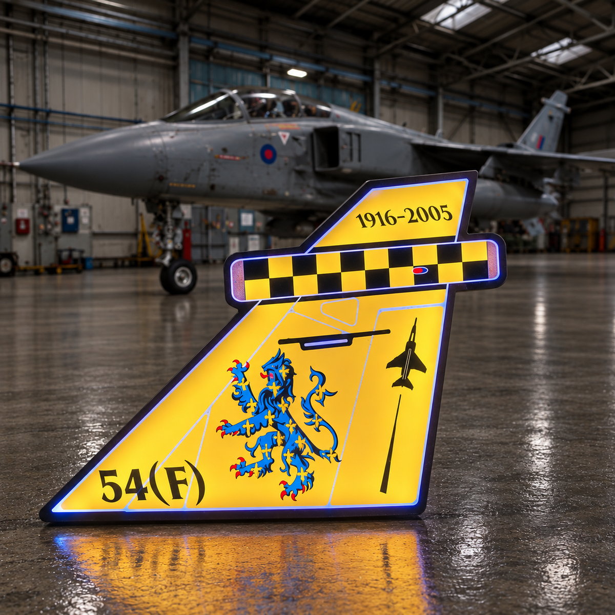 54 Squadron RAF Jaguar anniversary tail LED light box in a military aircraft hangar