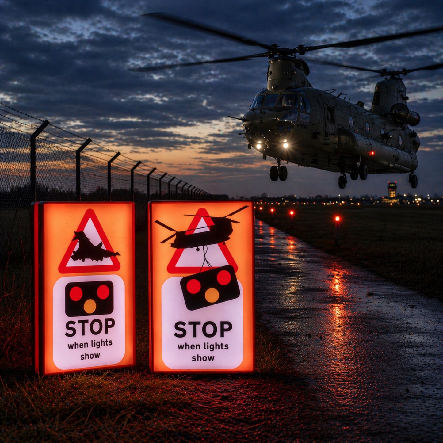 Stop When Lights Show Chinook and Typhoon aviation LED light boxes beside an airfield