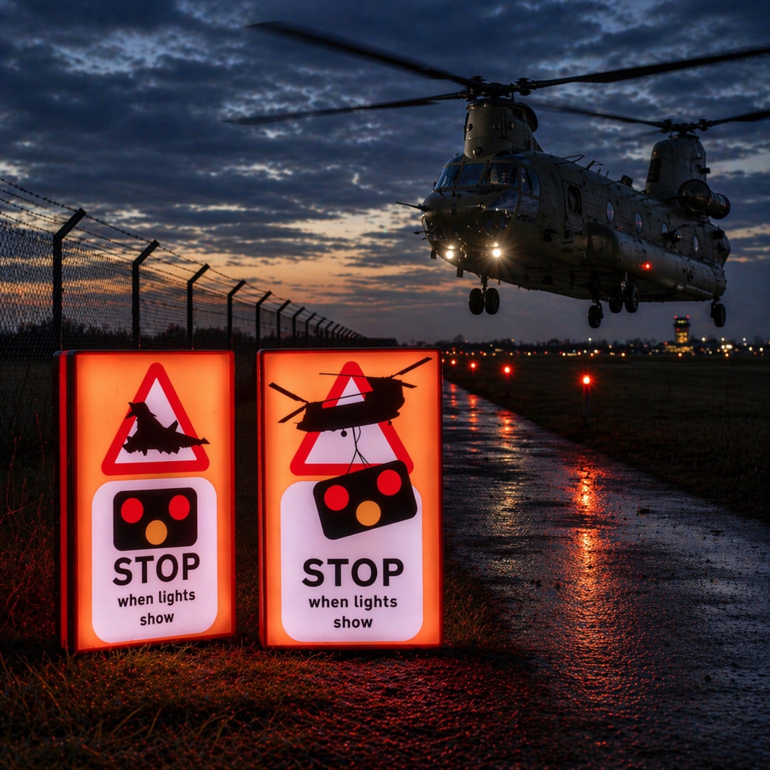 Stop When Lights Show Chinook and Typhoon aviation LED light boxes beside an airfield