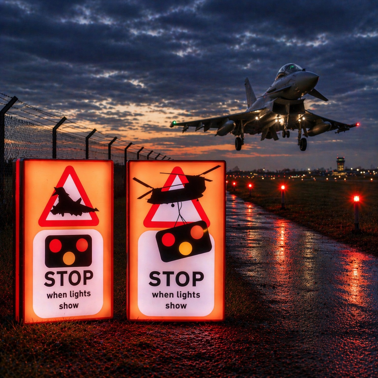 Stop When Lights Show Typhoon and Chinook LED light boxes with a Typhoon aircraft
